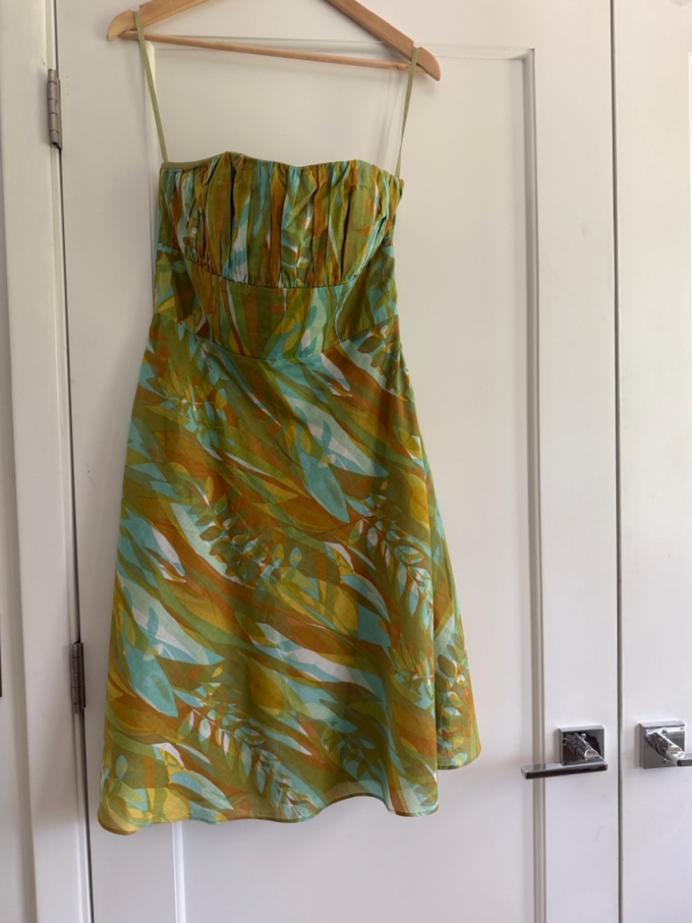 Max & Cleo Strapless Tropical Print Dress in Green and Aqua
